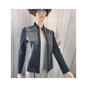 Peter Nygard Women Petite Black Leather & Knit Sweater Jacket Full Zip L Sleeve